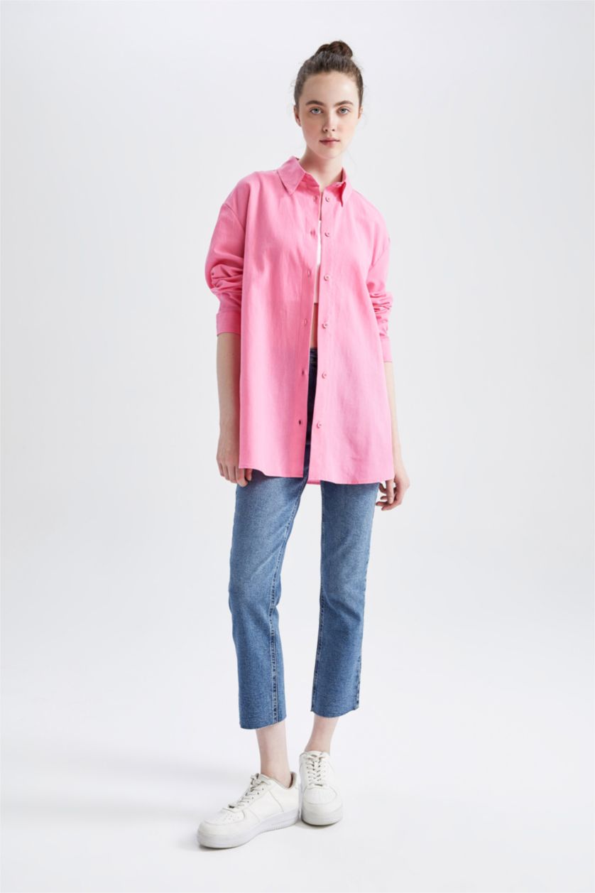 WOMAN Pink Oversize Fit Linen Blended Long Sleeve Shirt