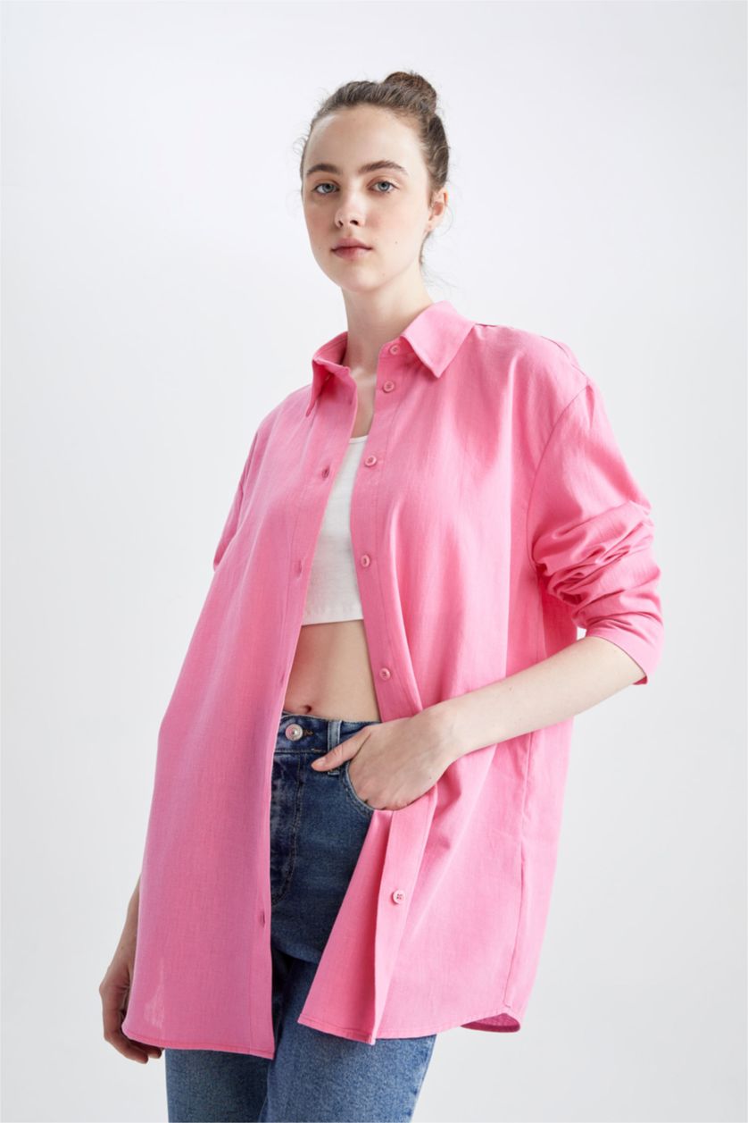 WOMAN Pink Oversize Fit Linen Blended Long Sleeve Shirt