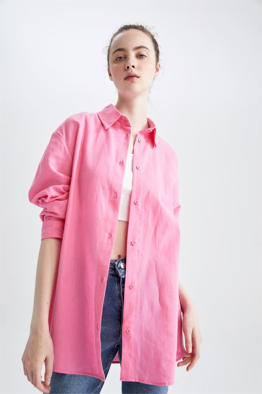 WOMAN Pink Oversize Fit Linen Blended Long Sleeve Shirt