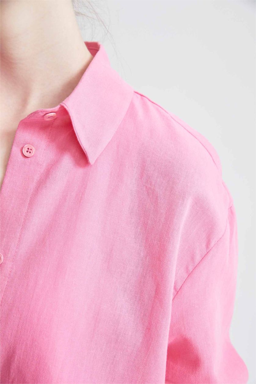 WOMAN Pink Oversize Fit Linen Blended Long Sleeve Shirt