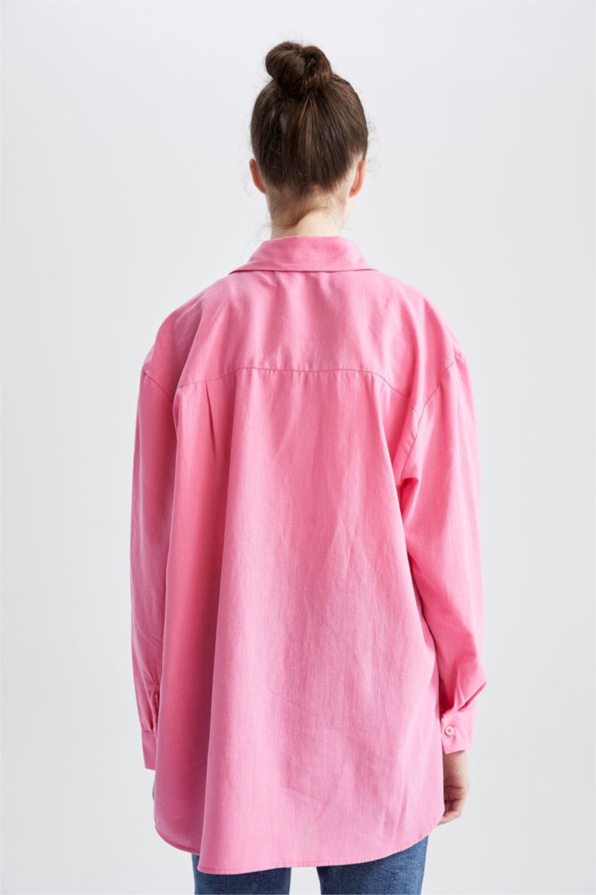 WOMAN Pink Oversize Fit Linen Blended Long Sleeve Shirt