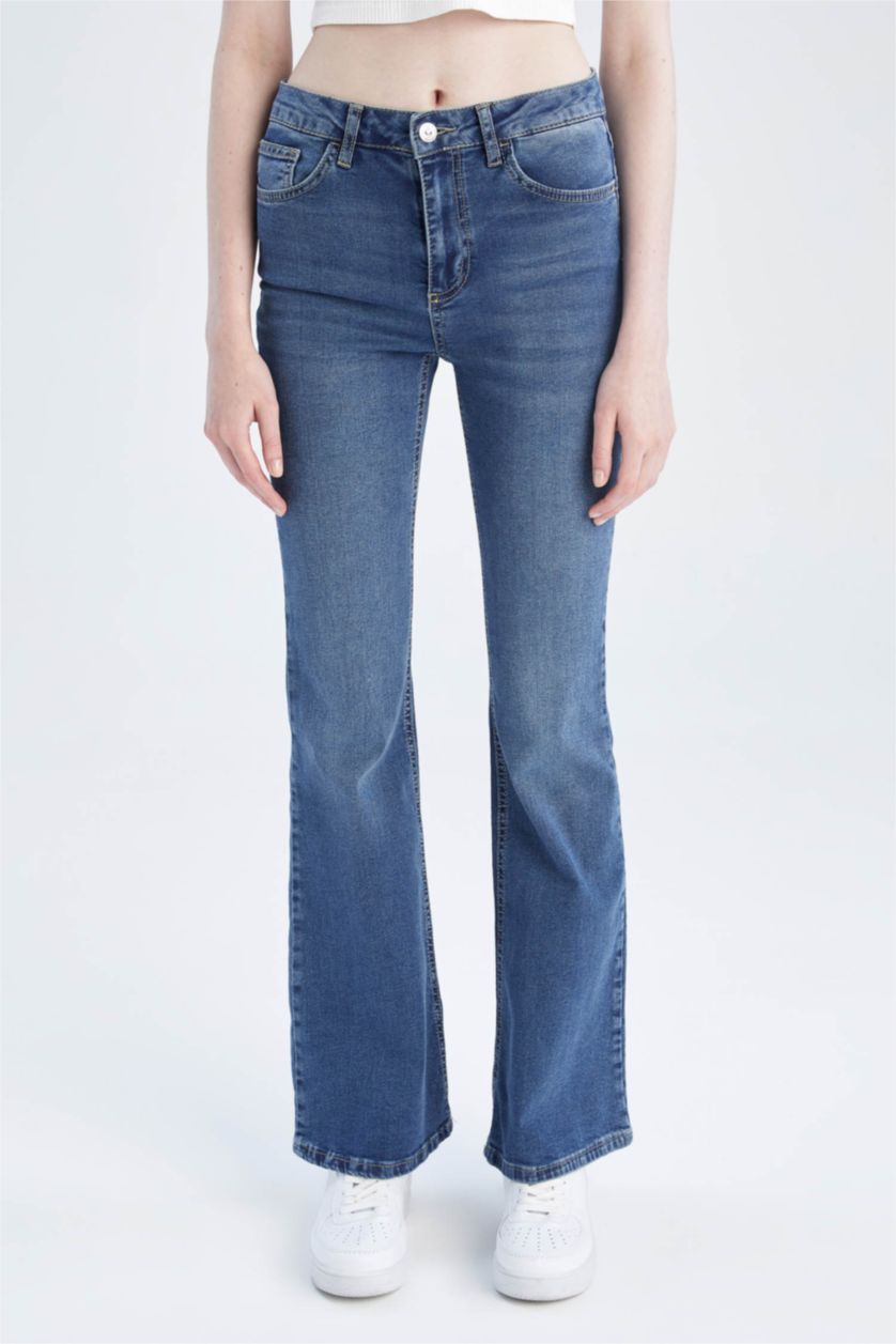 FEMME Bleu Foncé Pantalon Jean Taille Normale Jambe Espagnole