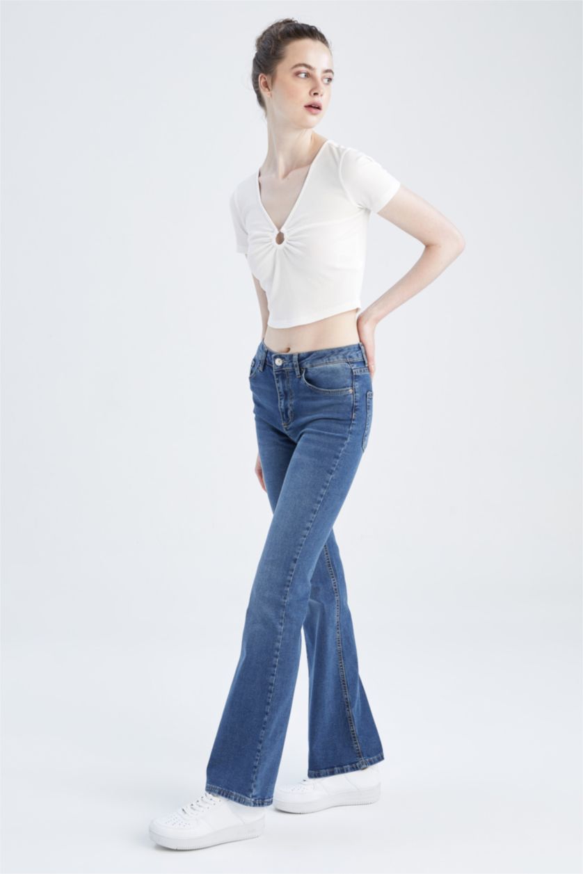 FEMME Bleu Foncé Pantalon Jean Taille Normale Jambe Espagnole