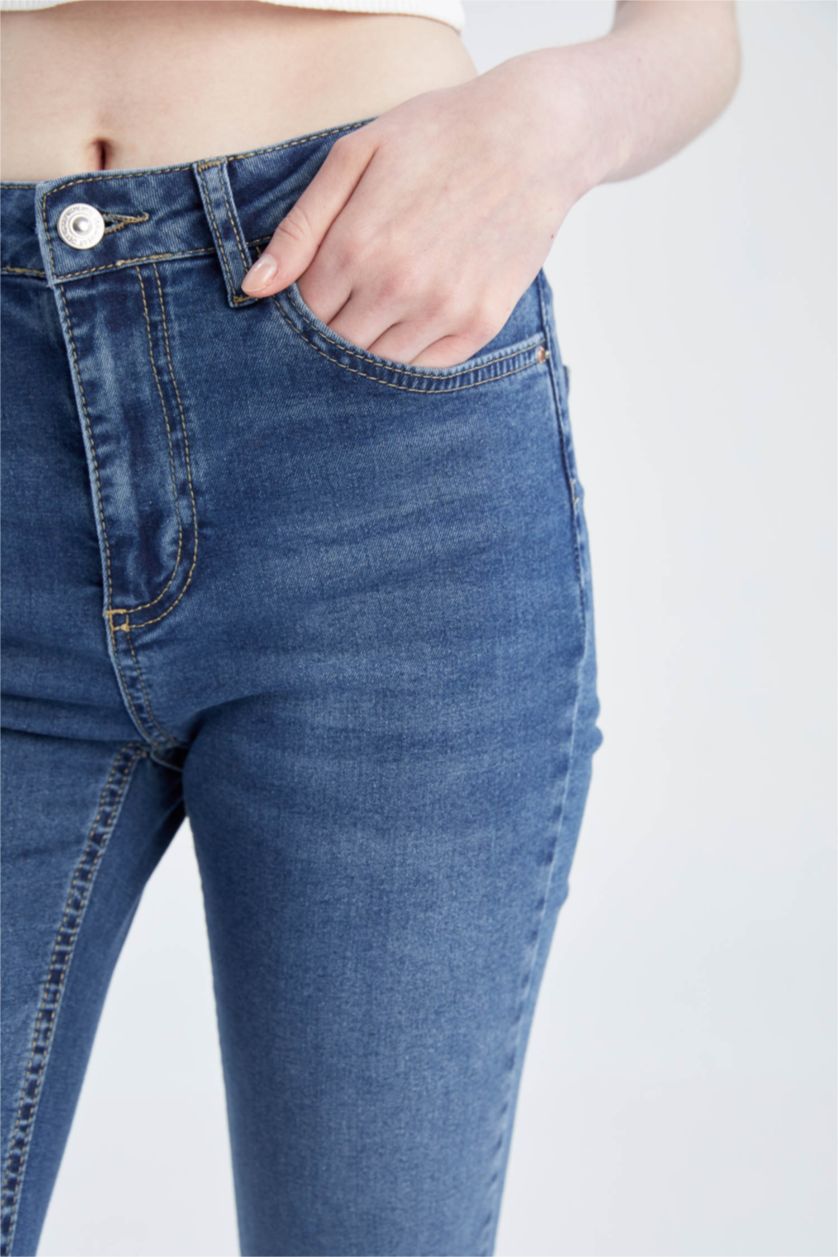 FEMME Bleu Foncé Pantalon Jean Taille Normale Jambe Espagnole