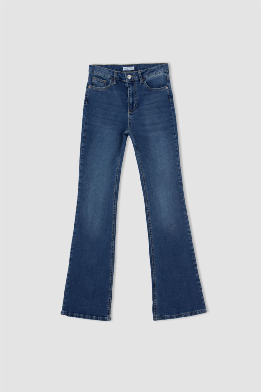 FEMME Bleu Foncé Pantalon Jean Taille Normale Jambe Espagnole