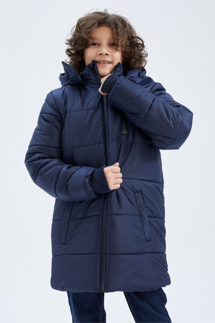 BOYS & TEENS NAVY Boy Hooded Plush Coat