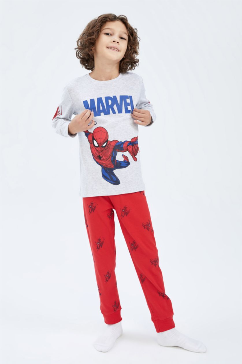 BOYS & TEENS Light Grey Melange 2 piece Regular Fit Spiderman Licensed Knitted Pyjamas
