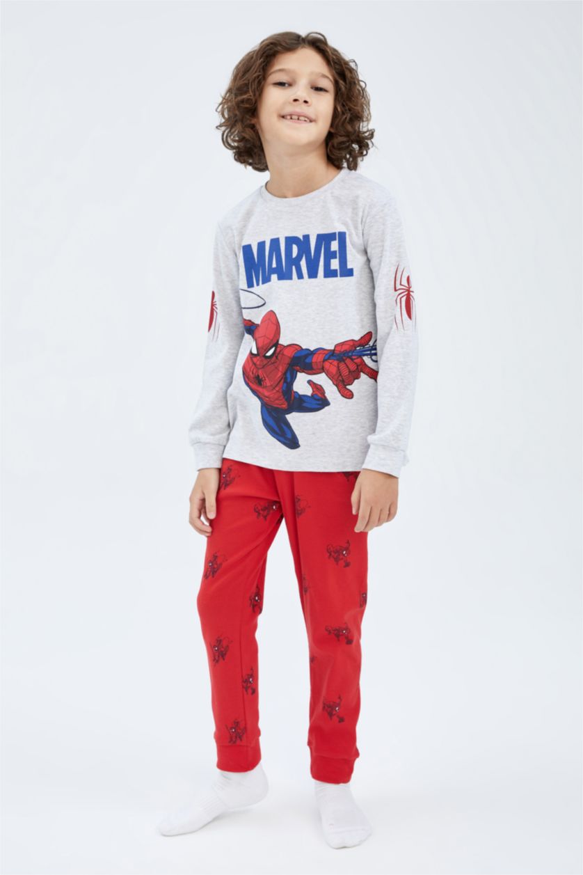 BOYS & TEENS Light Grey Melange 2 piece Regular Fit Spiderman Licensed Knitted Pyjamas