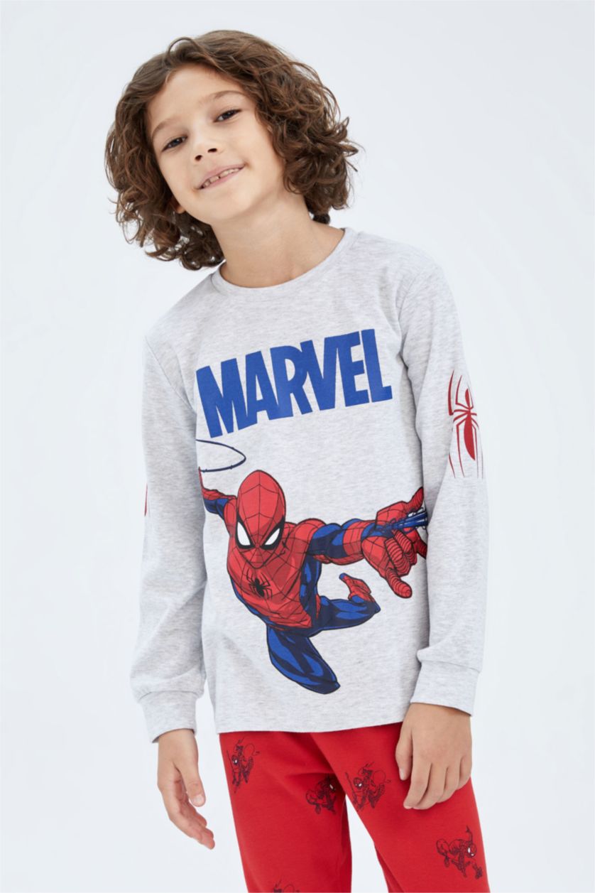 BOYS & TEENS Light Grey Melange 2 piece Regular Fit Spiderman Licensed Knitted Pyjamas