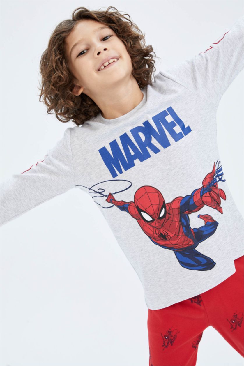 BOYS & TEENS Light Grey Melange 2 piece Regular Fit Spiderman Licensed Knitted Pyjamas