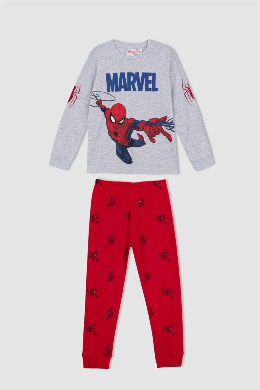 BOYS & TEENS Light Grey Melange 2 piece Regular Fit Spiderman Licensed Knitted Pyjamas