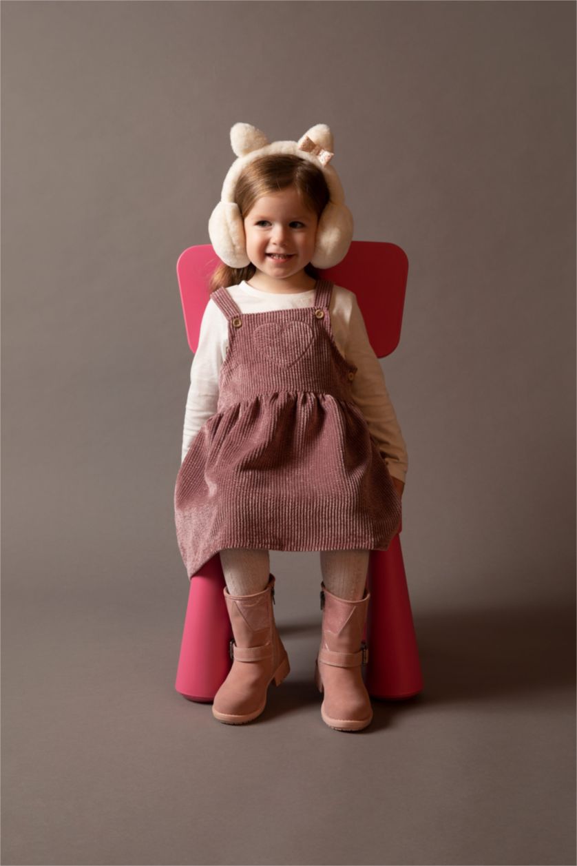 Kız Bebek Pembe Kız Bebek Askılı Fitilli Kadife Elbise