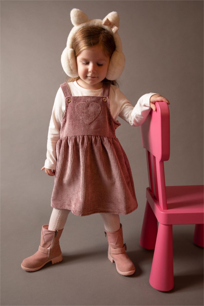 Kız Bebek Pembe Kız Bebek Askılı Fitilli Kadife Elbise