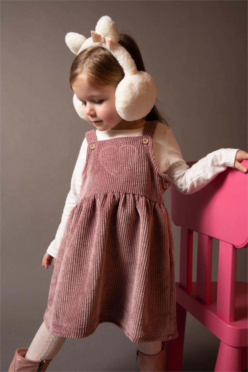 Kız Bebek Pembe Kız Bebek Askılı Fitilli Kadife Elbise