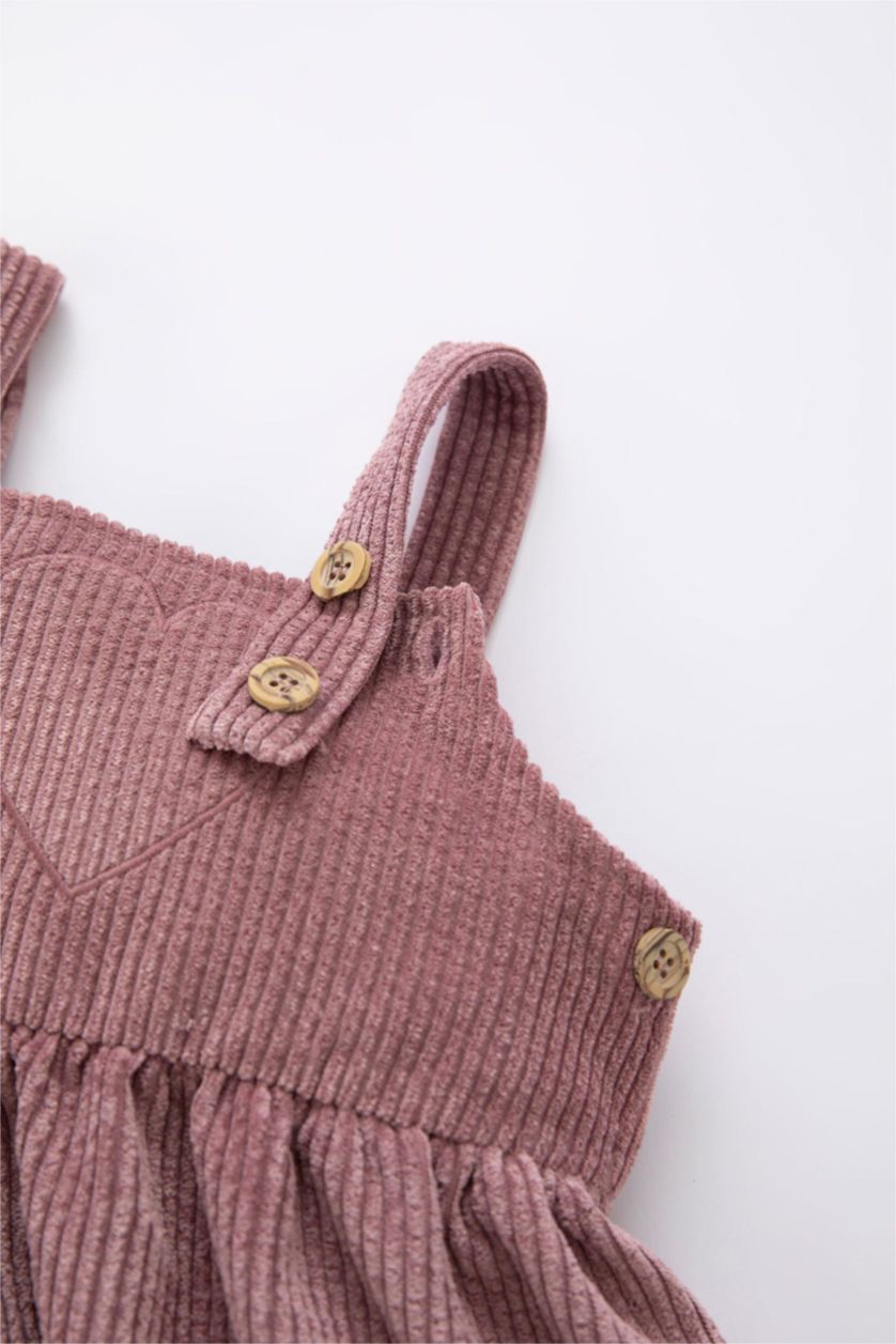 Kız Bebek Pembe Kız Bebek Askılı Fitilli Kadife Elbise