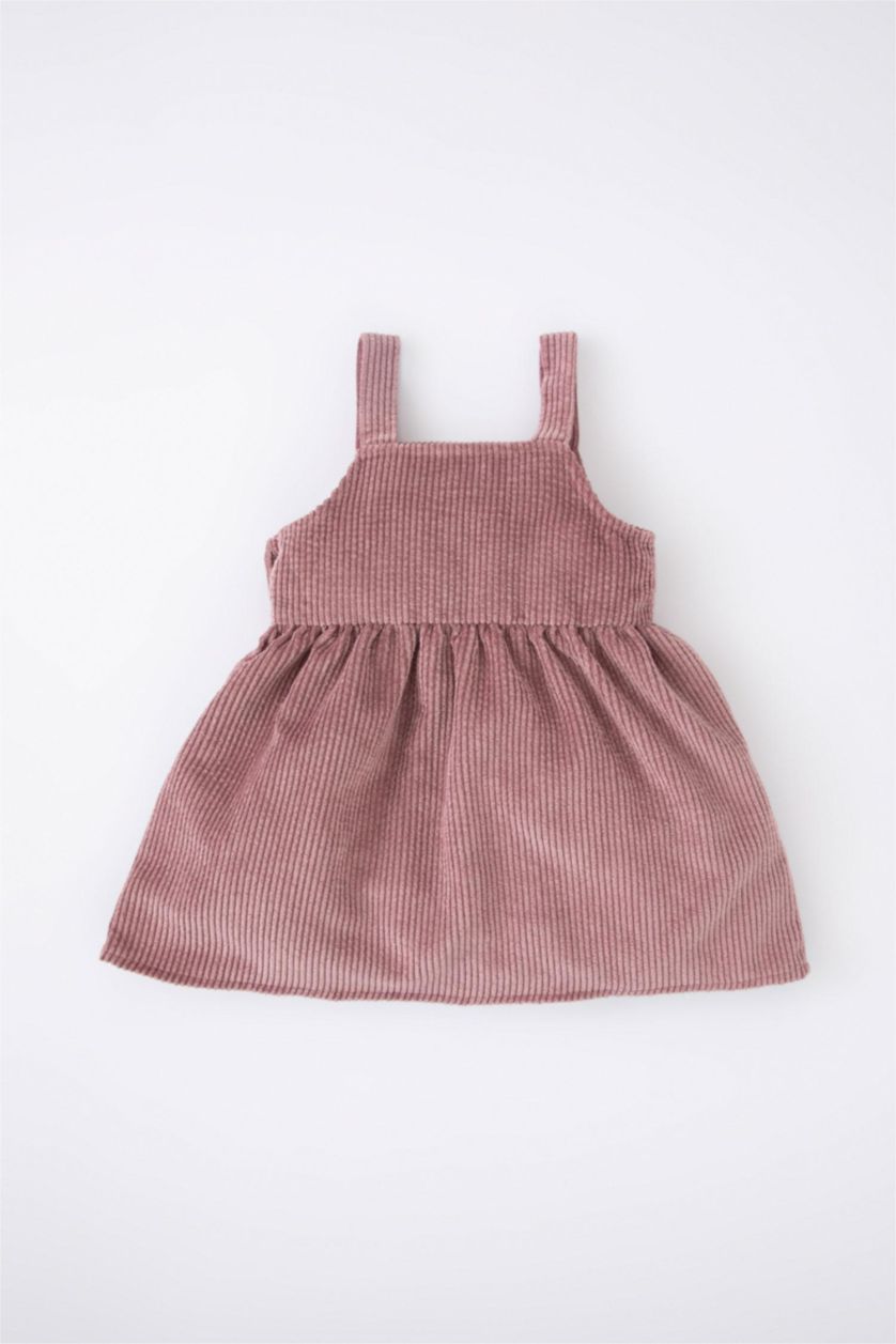Kız Bebek Pembe Kız Bebek Askılı Fitilli Kadife Elbise