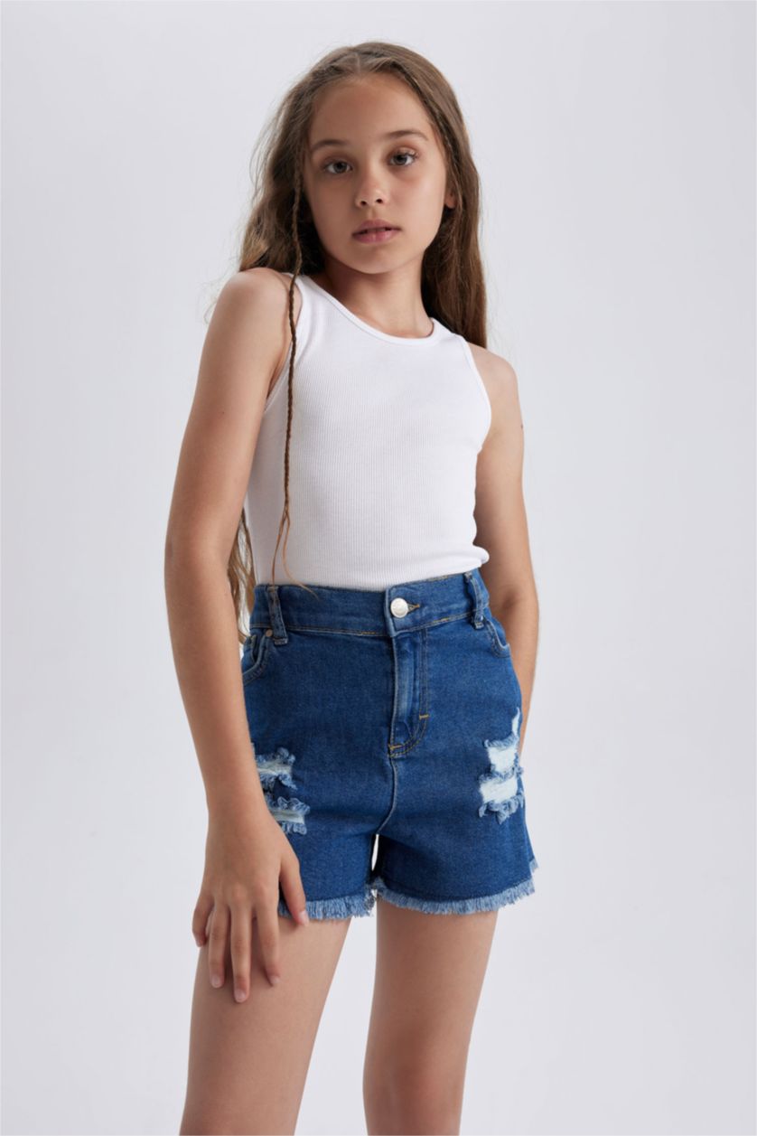 GIRLS & TEENS Blue Girl's Mom Fit Ripped Detailed Shorts