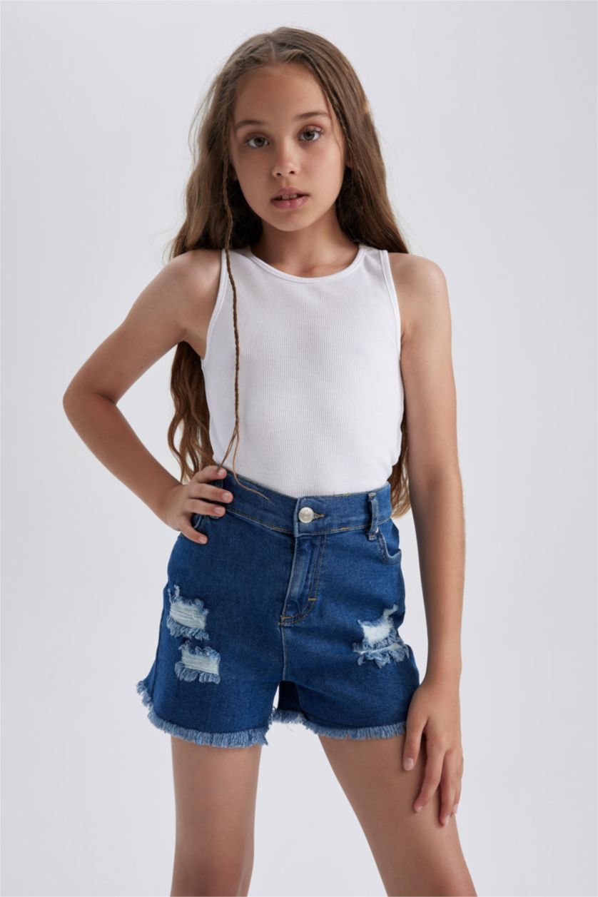 GIRLS & TEENS Blue Girl's Mom Fit Ripped Detailed Shorts