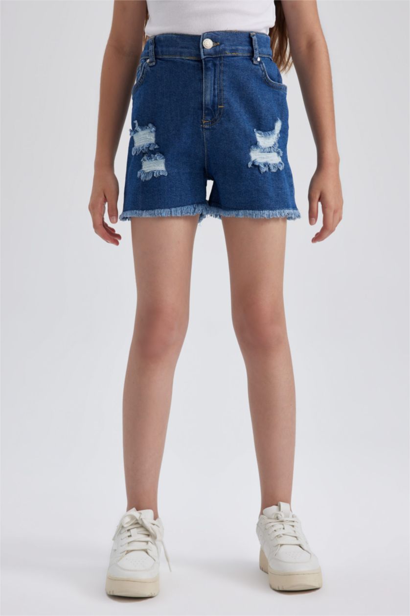 GIRLS & TEENS Blue Girl's Mom Fit Ripped Detailed Shorts
