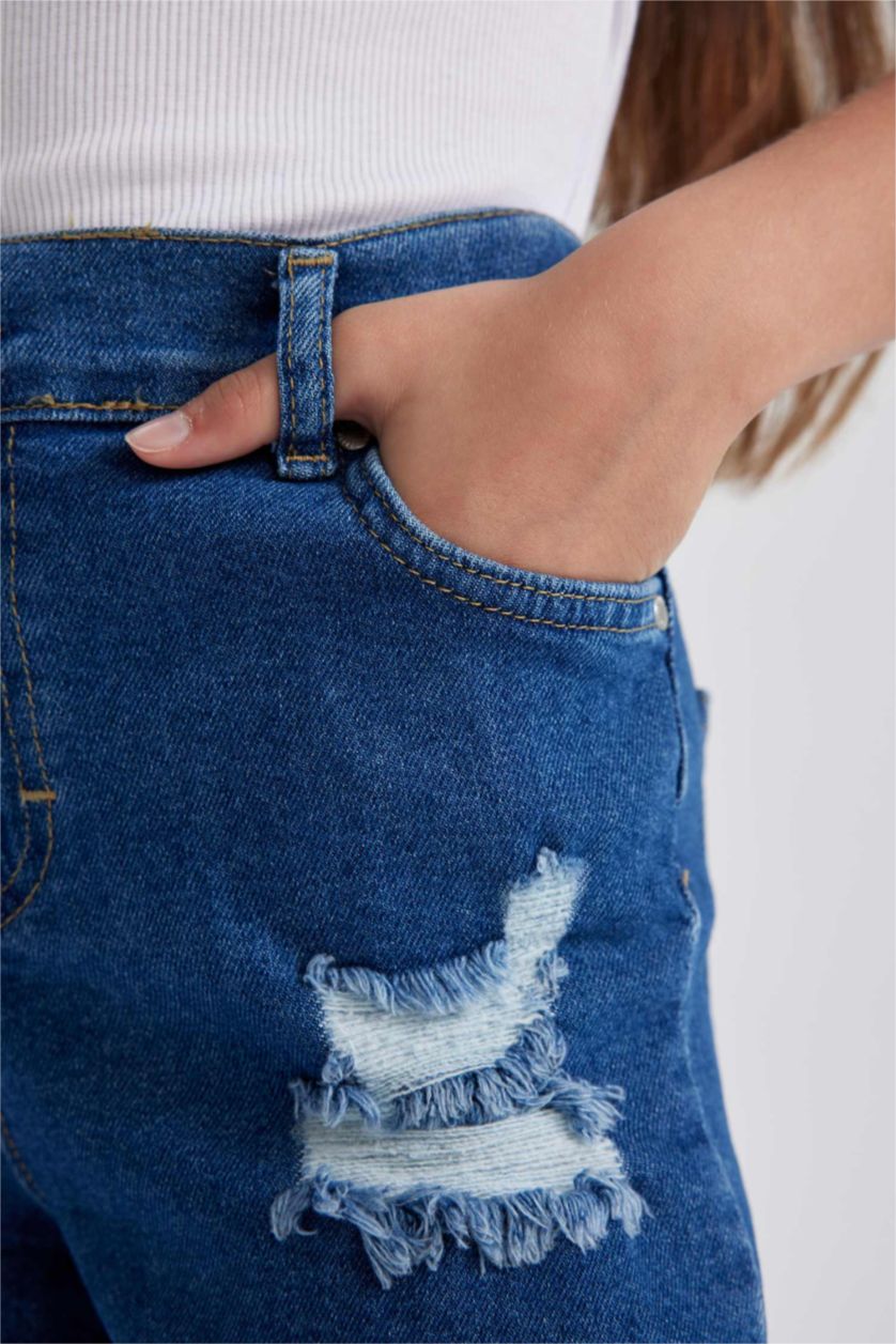 GIRLS & TEENS Blue Girl's Mom Fit Ripped Detailed Shorts