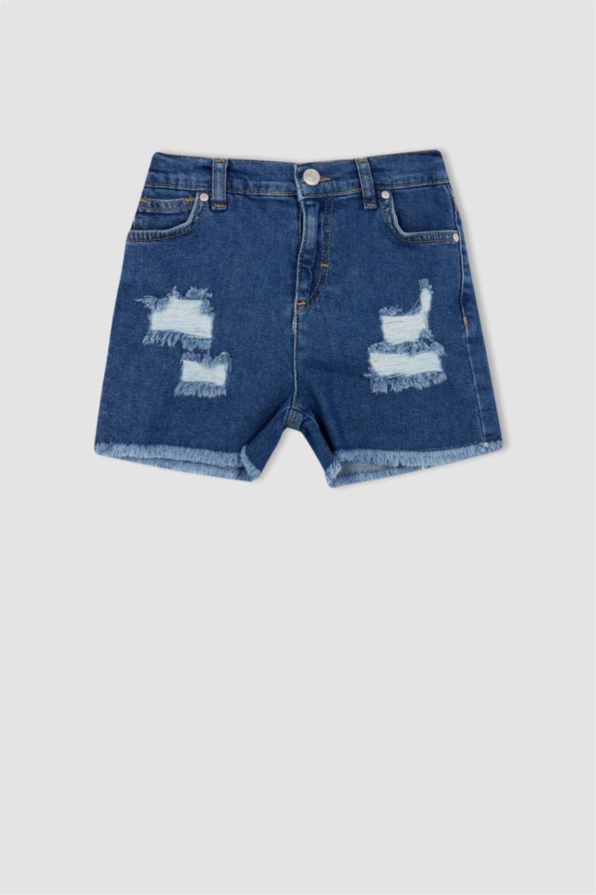 GIRLS & TEENS Blue Girl's Mom Fit Ripped Detailed Shorts