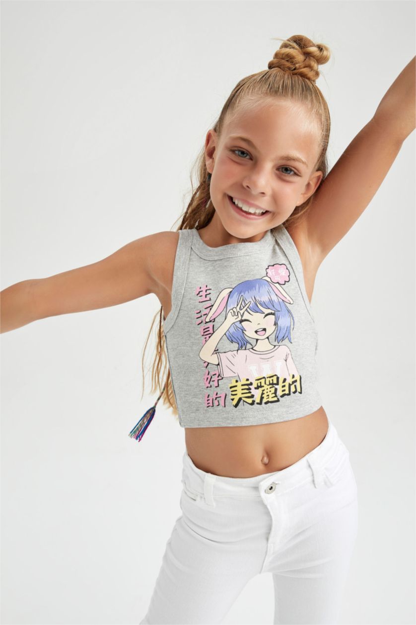 GIRLS & TEENS Grey Melange تانك توب مضلع سليم فيت