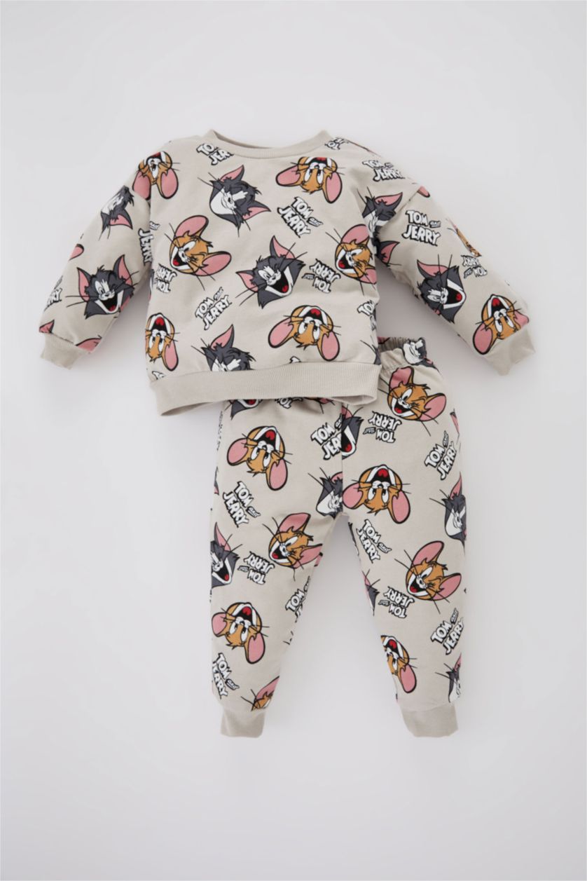 Erkek Bebek Bej Erkek Bebek Tom & Jerry Sweatshirt Eşofman Altı 2'li Takım