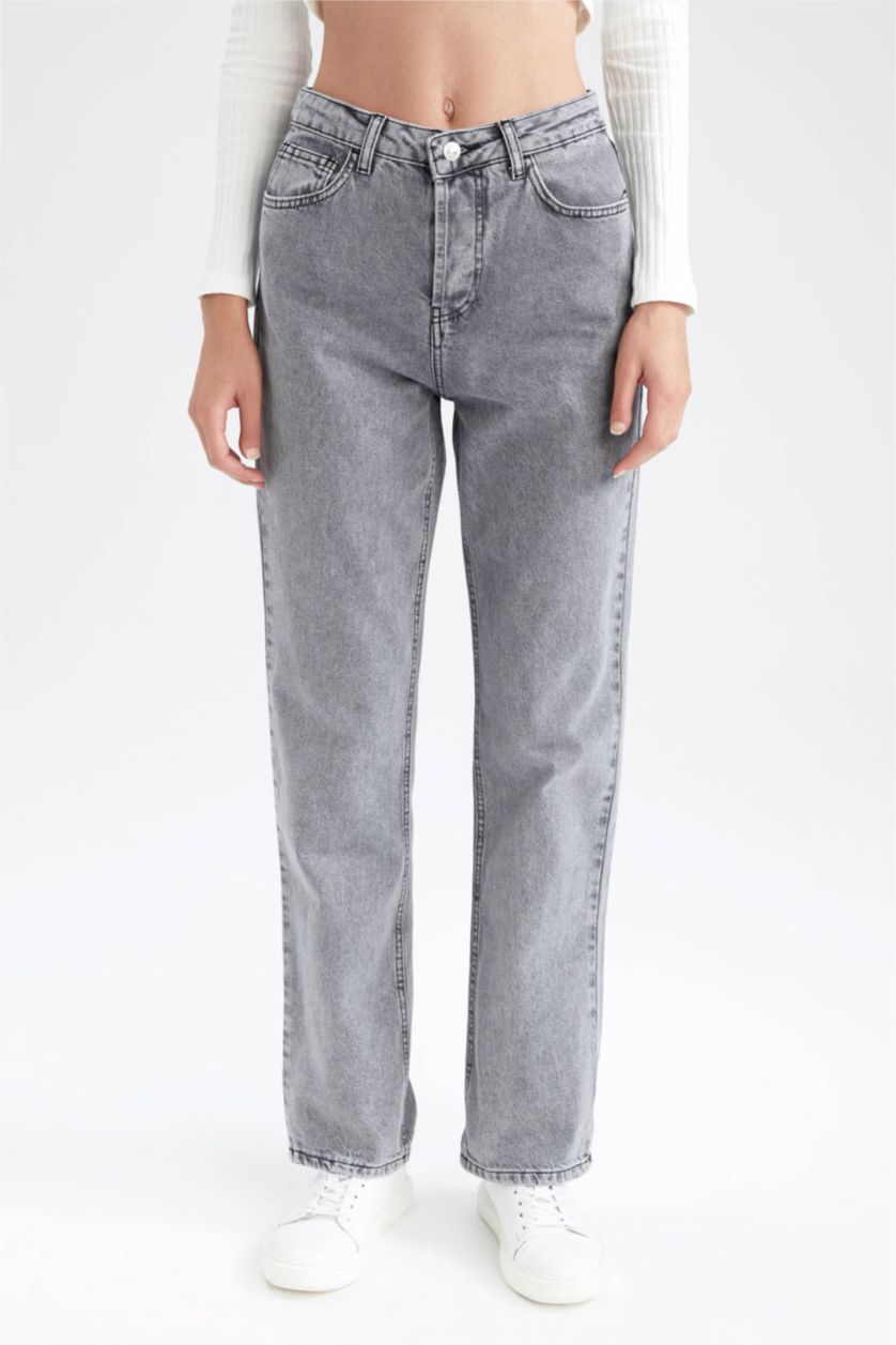 Kadın Gri Yüksek Bel Boyfrıend Pantolon