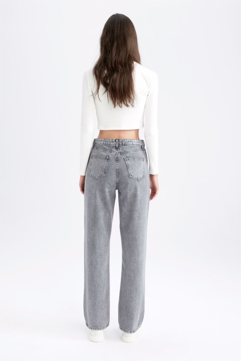 Kadın Gri Yüksek Bel Boyfrıend Pantolon