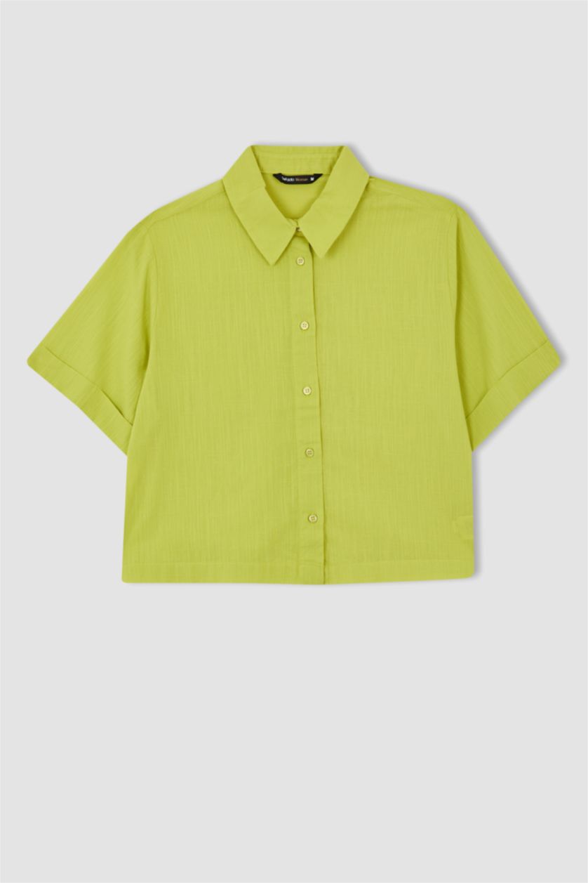 Woman Light Green Crop Short Sleeve Shirt