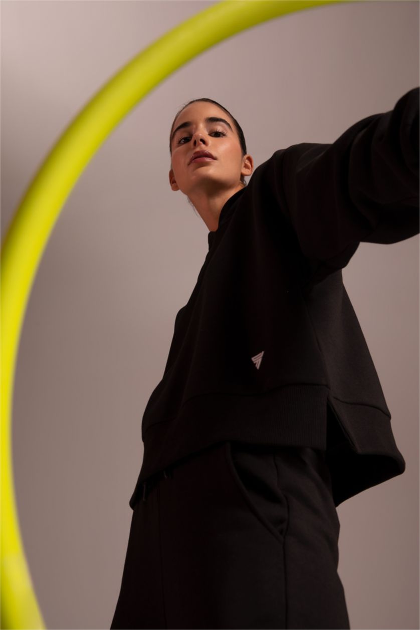 FEMME Noir Sweat- Shirt À capuche Slogan Manche Longue Kangaroo