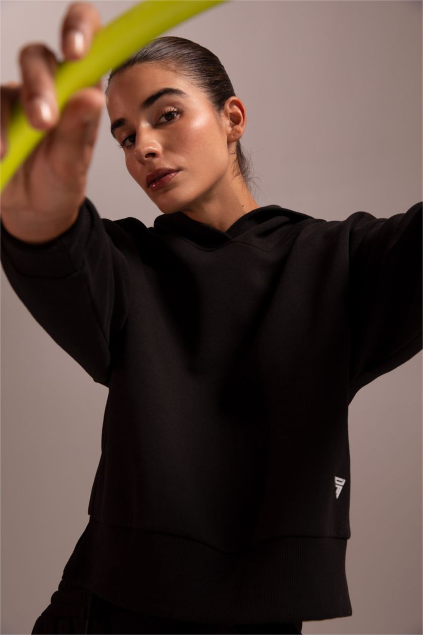 FEMME Noir Sweat- Shirt À capuche Slogan Manche Longue Kangaroo