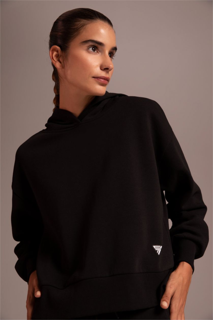 FEMME Noir Sweat- Shirt À capuche Slogan Manche Longue Kangaroo