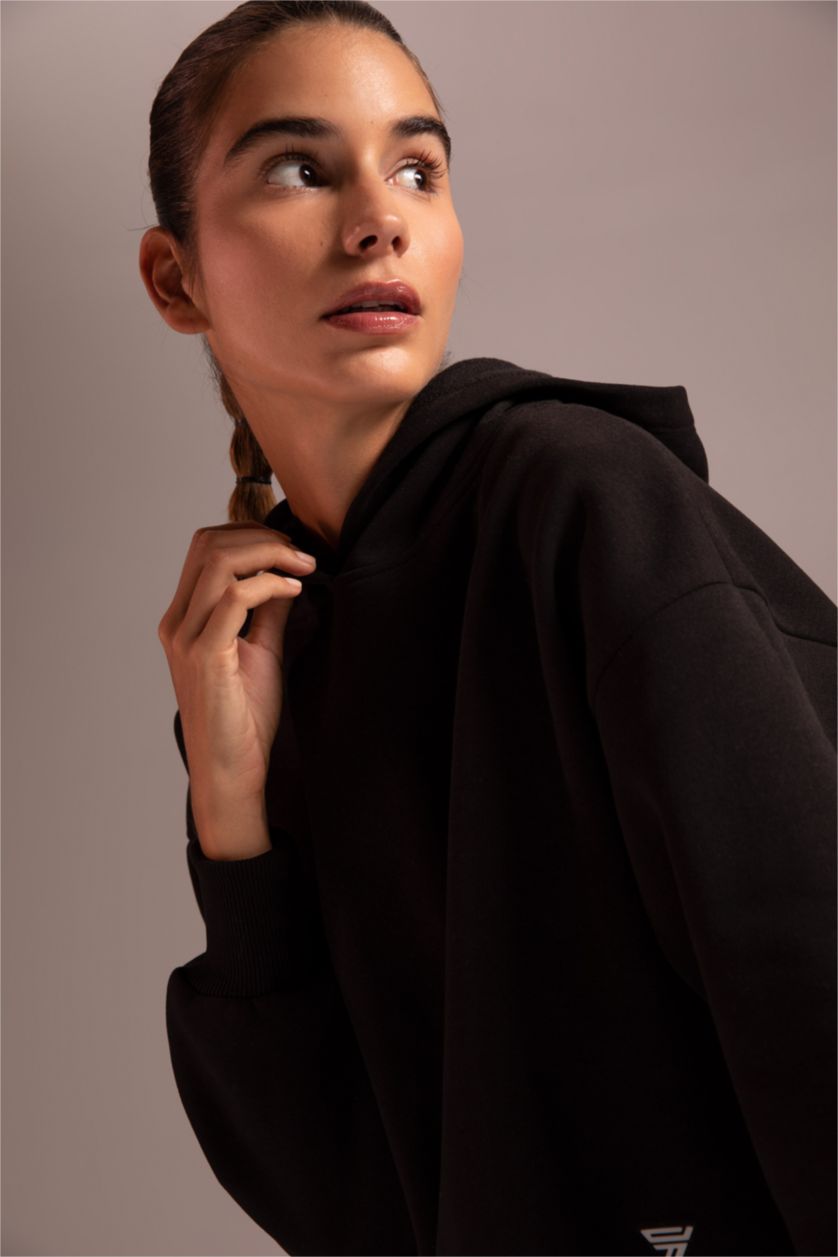 FEMME Noir Sweat- Shirt À capuche Slogan Manche Longue Kangaroo