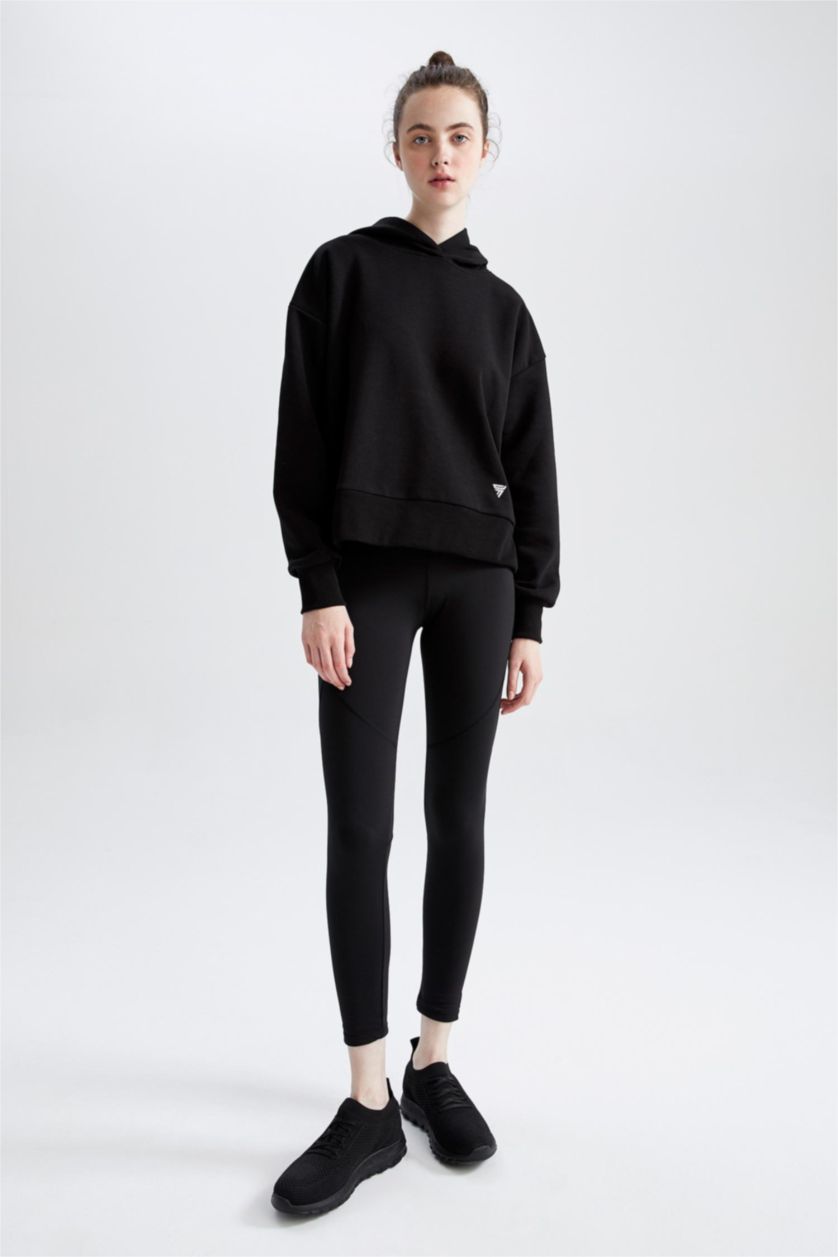 FEMME Noir Sweat- Shirt À capuche Slogan Manche Longue Kangaroo