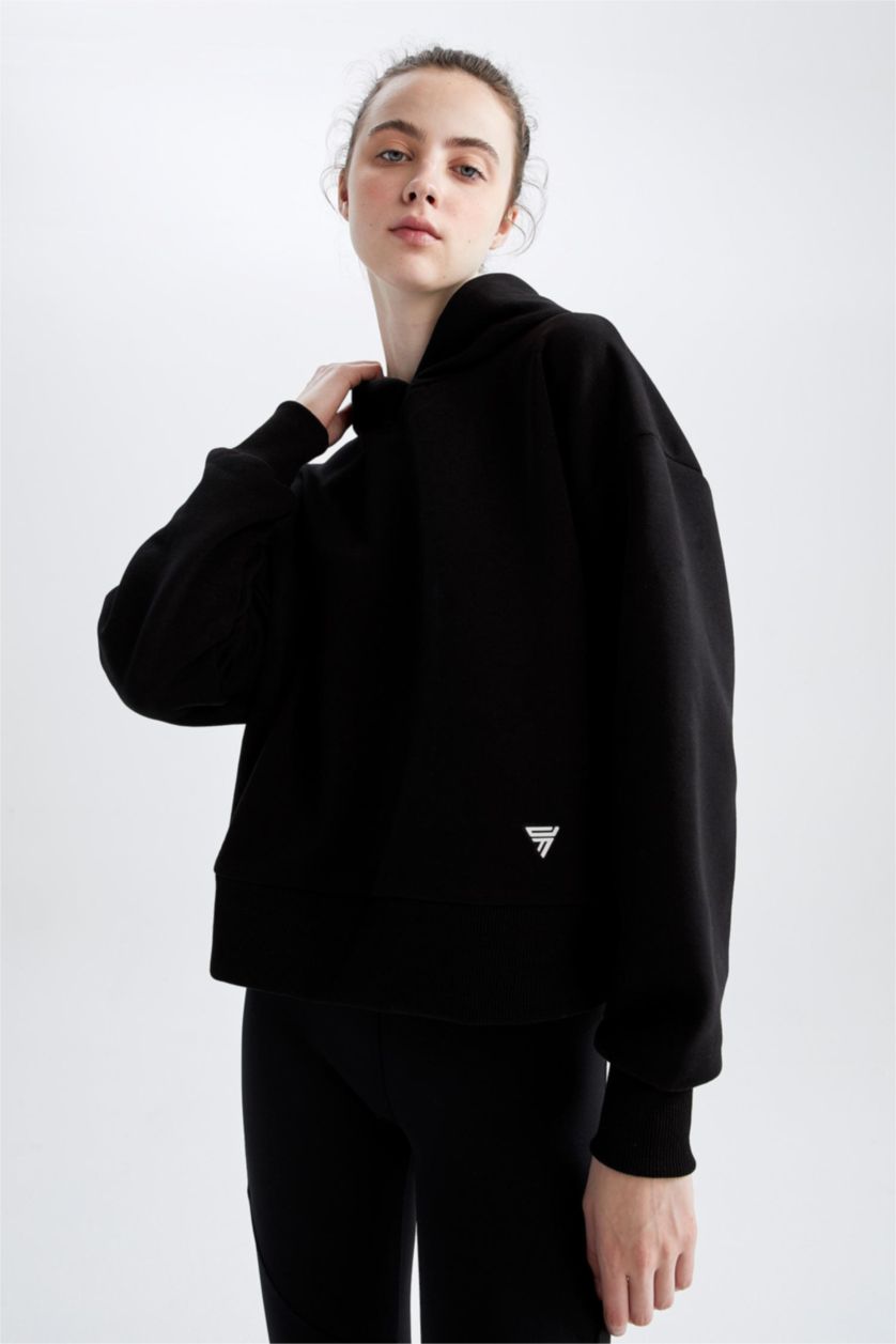 FEMME Noir Sweat- Shirt À capuche Slogan Manche Longue Kangaroo