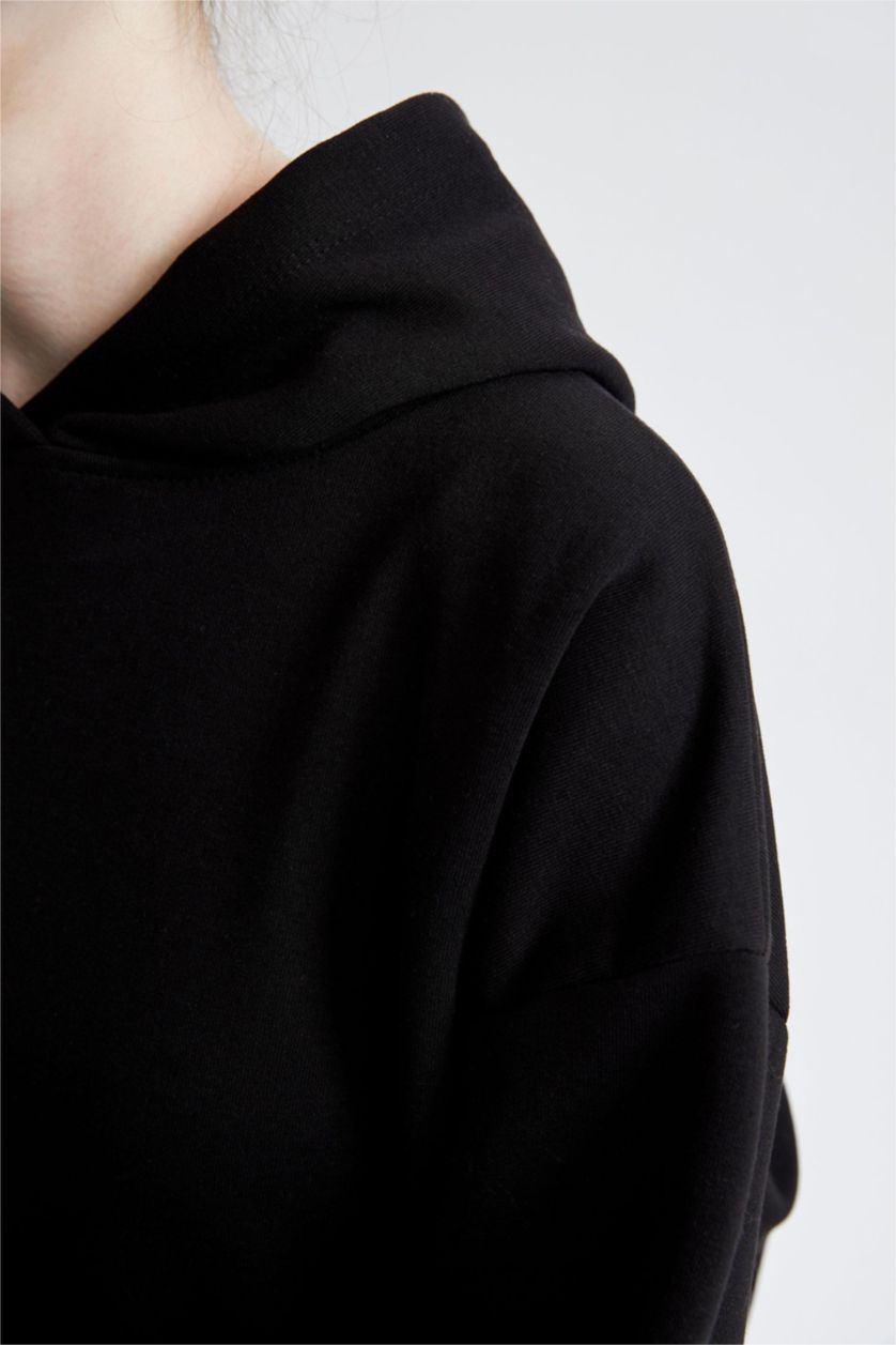 FEMME Noir Sweat- Shirt À capuche Slogan Manche Longue Kangaroo