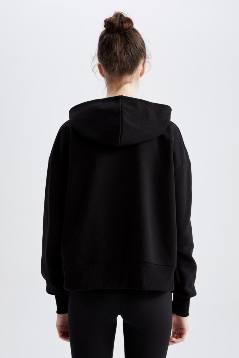 FEMME Noir Sweat- Shirt À capuche Slogan Manche Longue Kangaroo