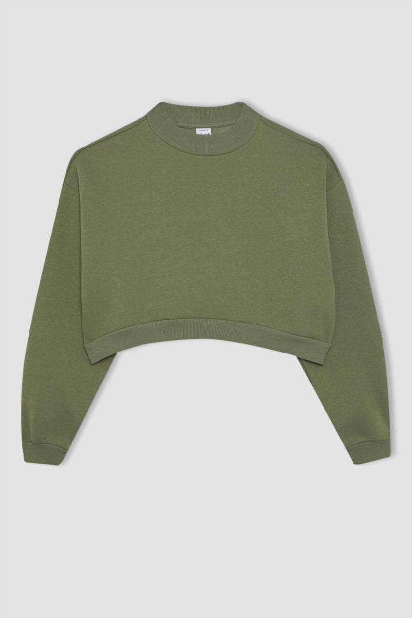 نساء كاكي فاتح سويت شيرت كروب بطبعة شعار برقبة مستديرة