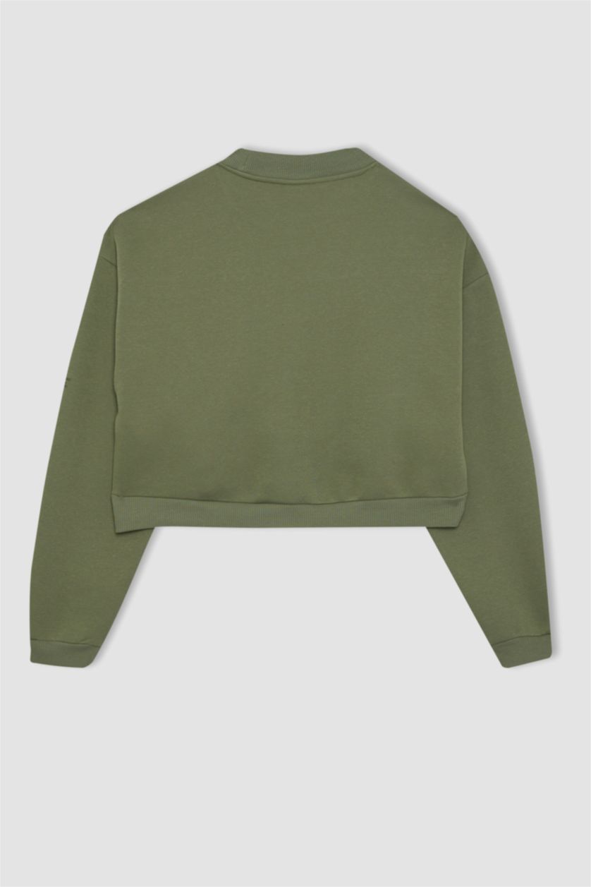 نساء كاكي فاتح سويت شيرت كروب بطبعة شعار برقبة مستديرة