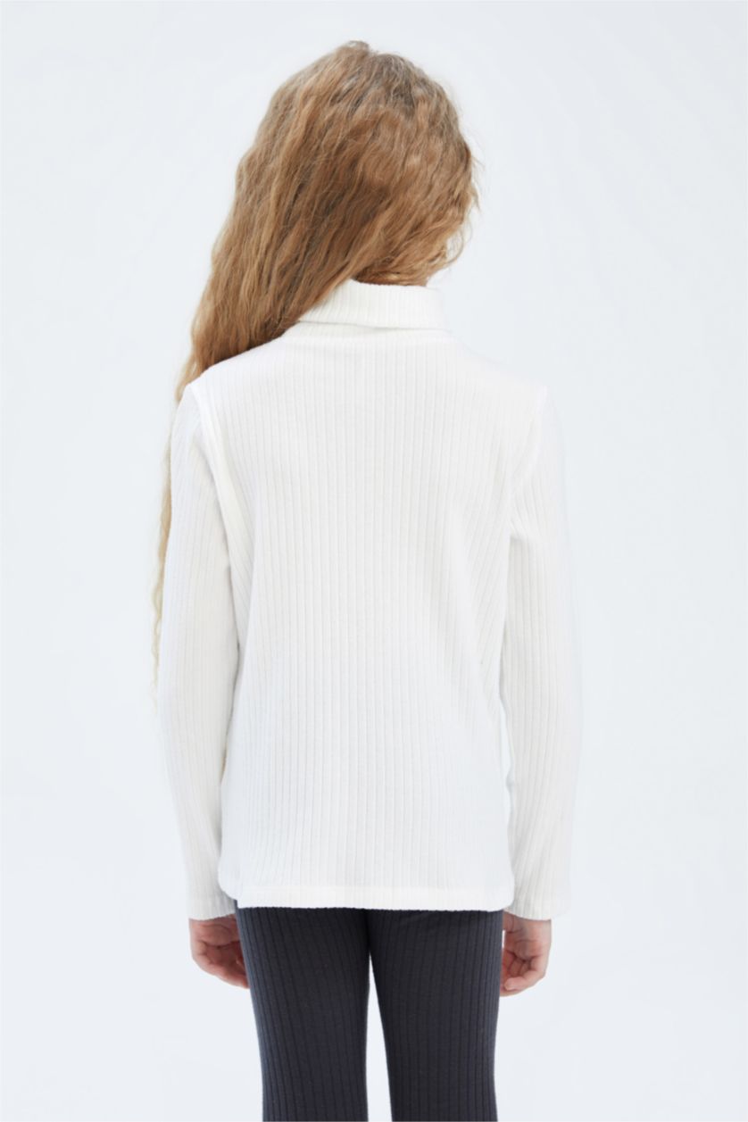 Kız Çocuk - Genç Kız Bej Kız Çocuk Balıkçı Yaka Fitilli Kaşkorse Uzun Kollu Tişört