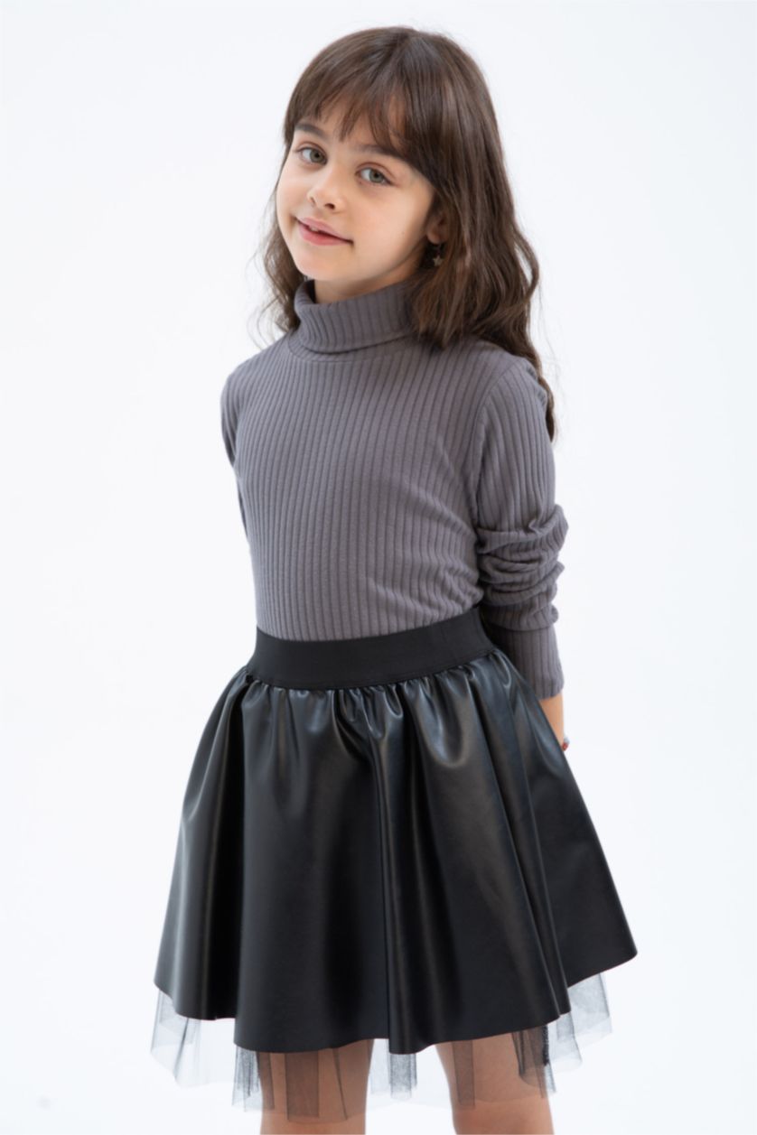 GIRLS & TEENS Dark Grey Girl Turtleneck Ribbed Camisole Long Sleeve T-Shirt