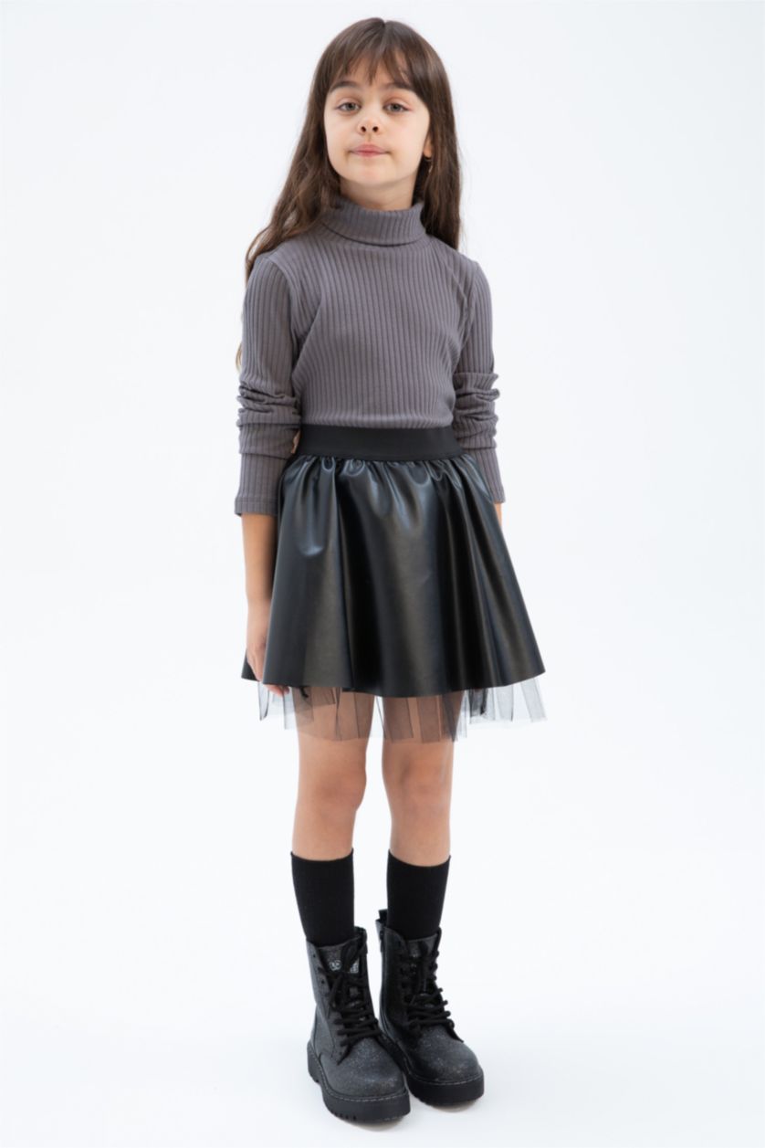 GIRLS & TEENS Dark Grey Girl Turtleneck Ribbed Camisole Long Sleeve T-Shirt