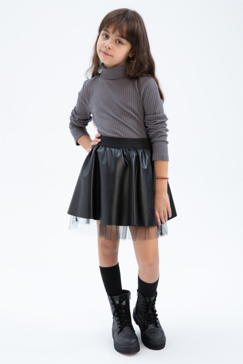 GIRLS & TEENS Dark Grey Girl Turtleneck Ribbed Camisole Long Sleeve T-Shirt