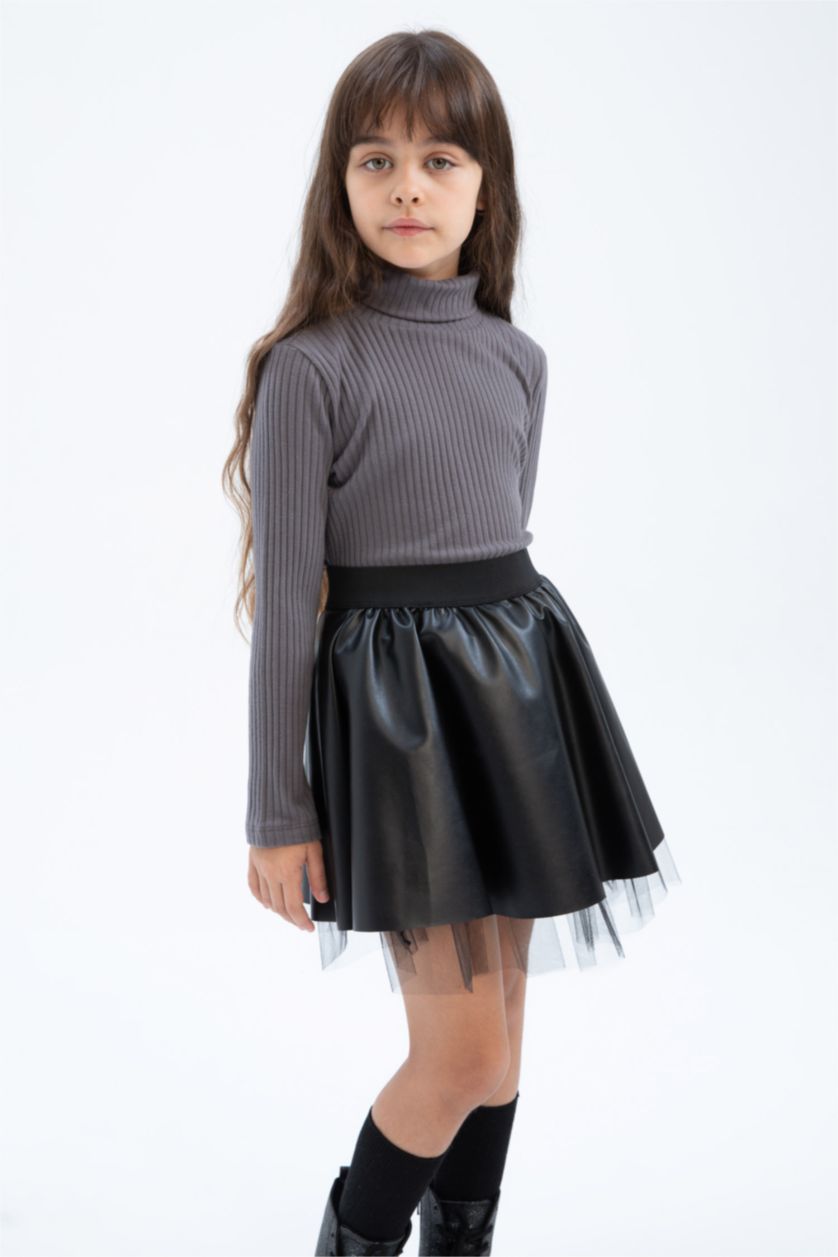 GIRLS & TEENS Dark Grey Girl Turtleneck Ribbed Camisole Long Sleeve T-Shirt