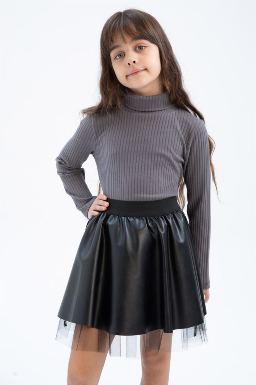 GIRLS & TEENS Dark Grey Girl Turtleneck Ribbed Camisole Long Sleeve T-Shirt