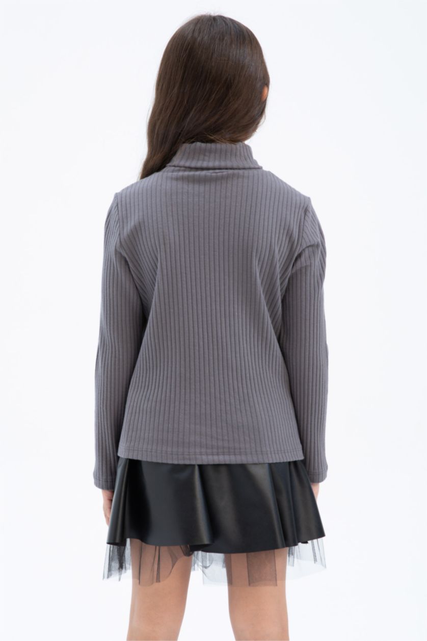 GIRLS & TEENS Dark Grey Girl Turtleneck Ribbed Camisole Long Sleeve T-Shirt