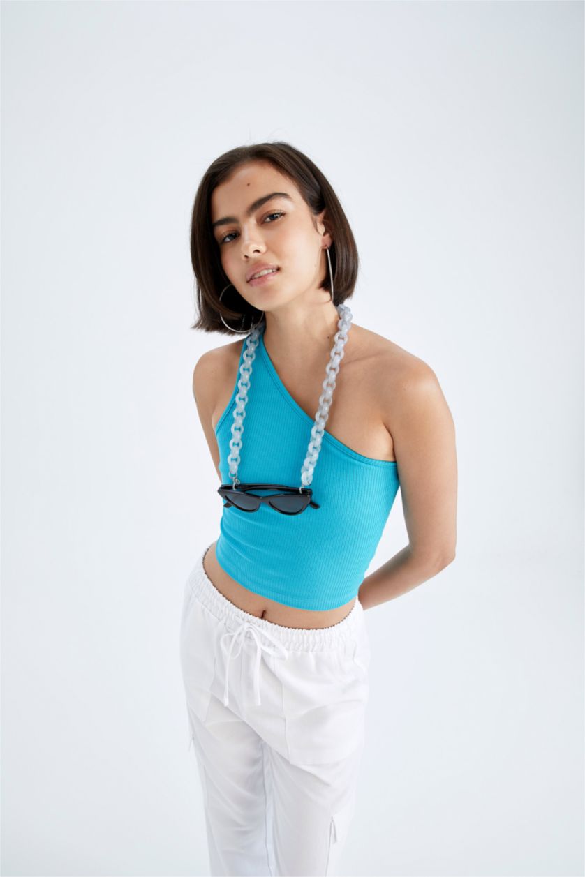 WOMAN Mint Slim Fit One-Shoulder Ribbed Camisole Singlet