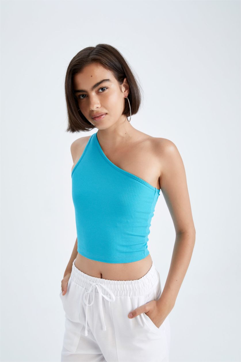 WOMAN Mint Slim Fit One-Shoulder Ribbed Camisole Singlet
