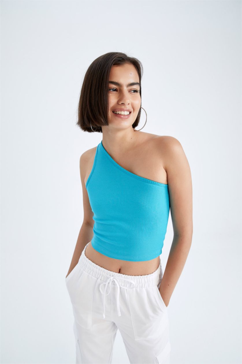 WOMAN Mint Slim Fit One-Shoulder Ribbed Camisole Singlet